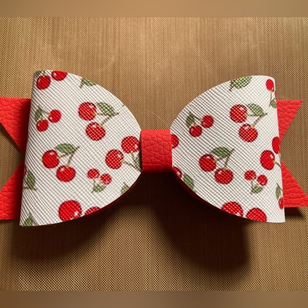 Handmade Cherry Faux Leather Bow with French Barrette